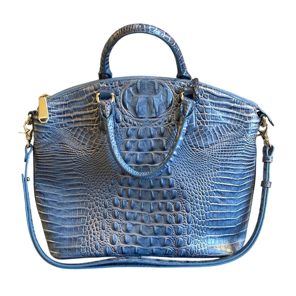 Brahmin Womens Large Duxbury Satchel Purse Blue Gold Metallic Croc Embossedโ